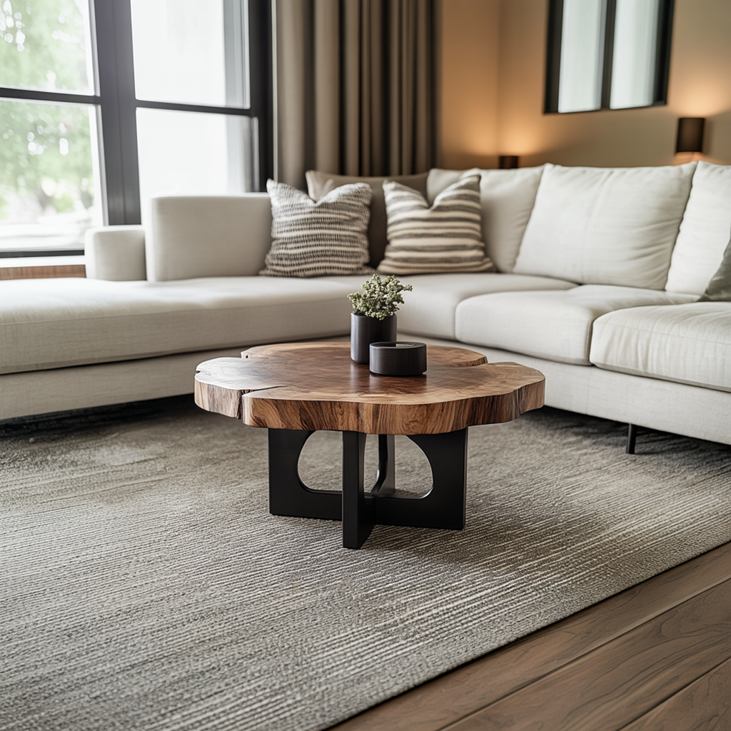 Live Edge Coffee Table, Solid Hardwood Slab with Black Sculptural Base