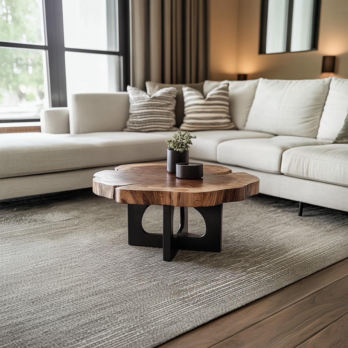 Live Edge Coffee Table, Solid Hardwood Slab with Black Sculptural Base
