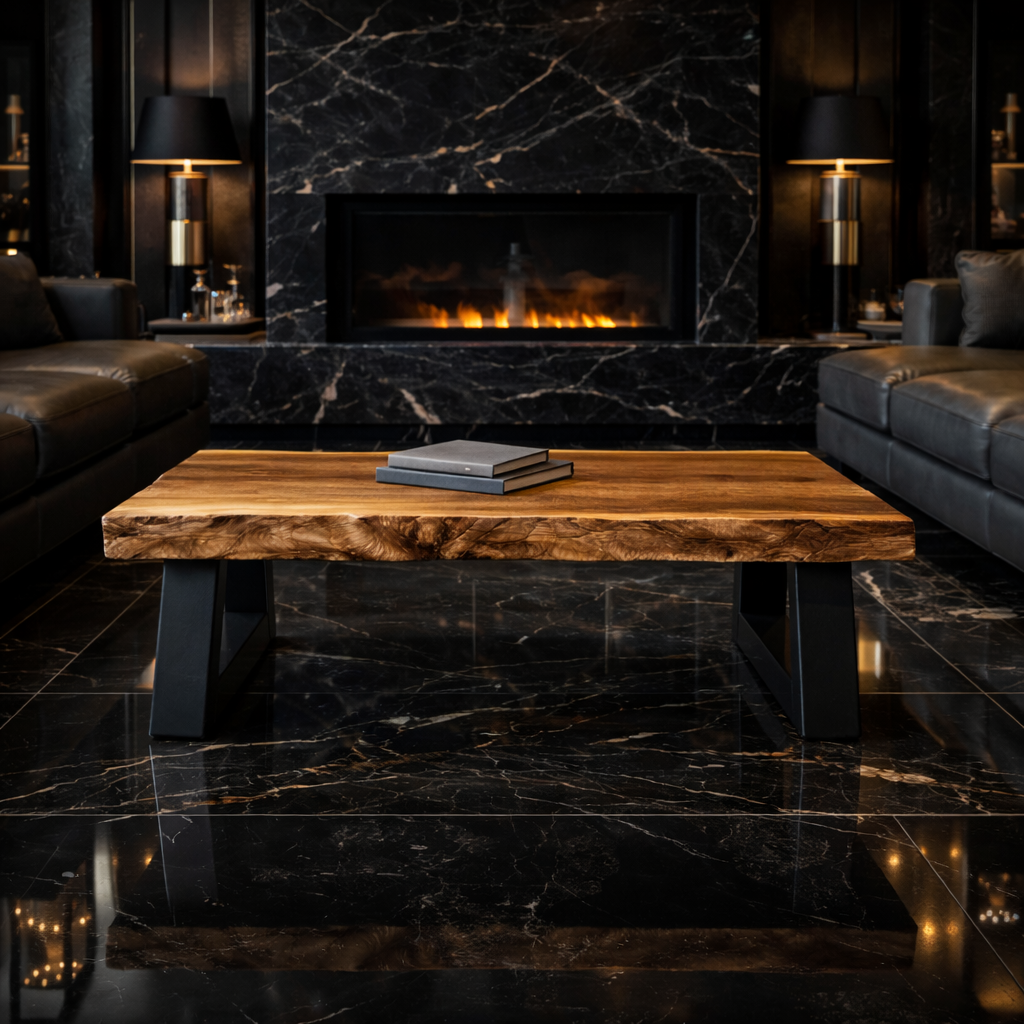 Industrial Live Edge Solid Wood Coffee Table Bold Contrast Black Base Modern Living Room Interior