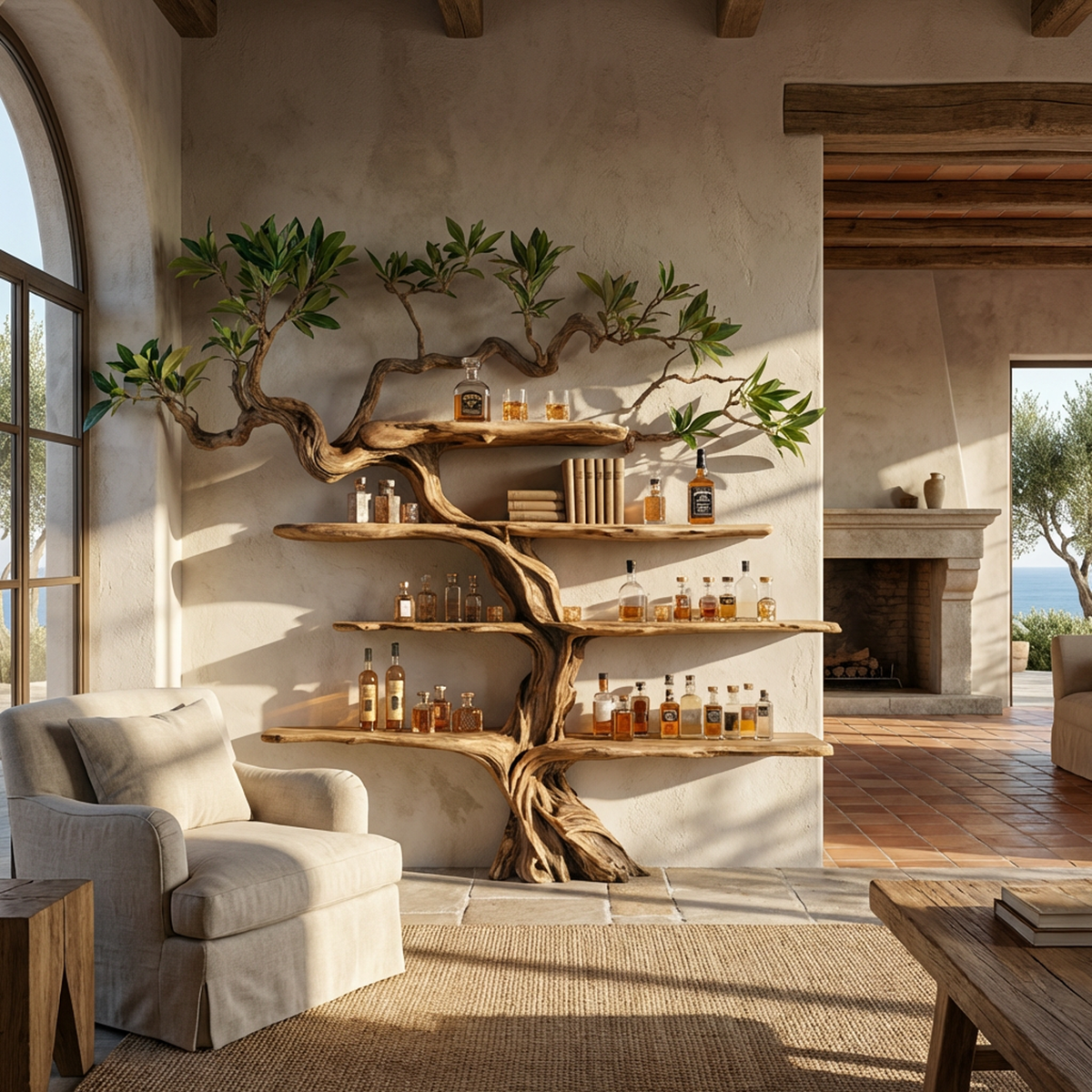 Wine Rack Wall Shelf, Nature Inspired Tree Branch Wood Bar Display