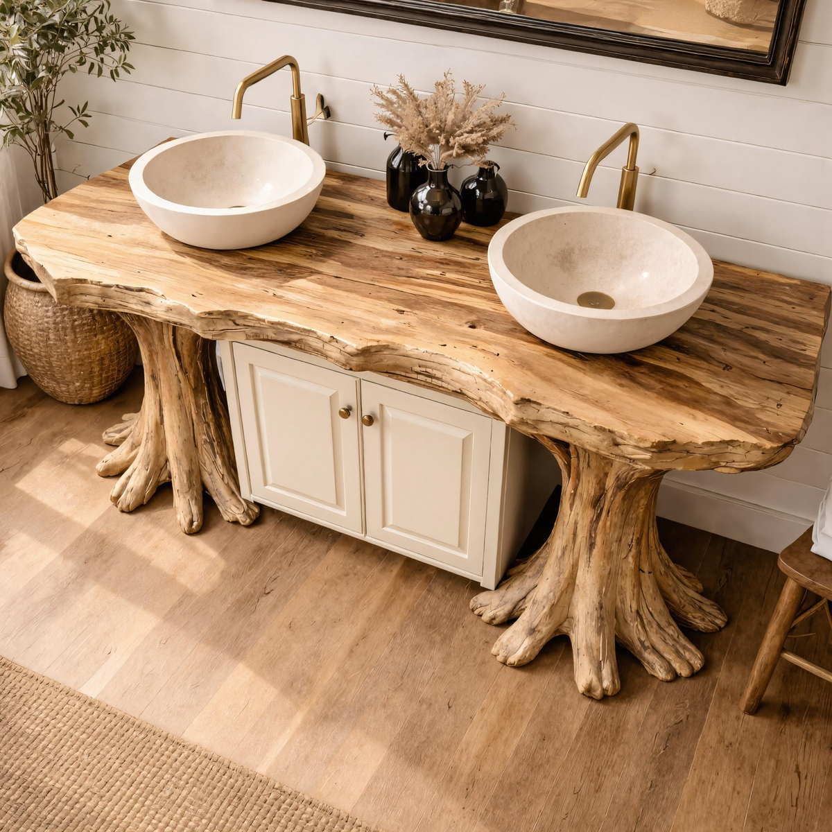 Luxury Organic Solid Wood Bathroom Vanity Tree Base Statement Design