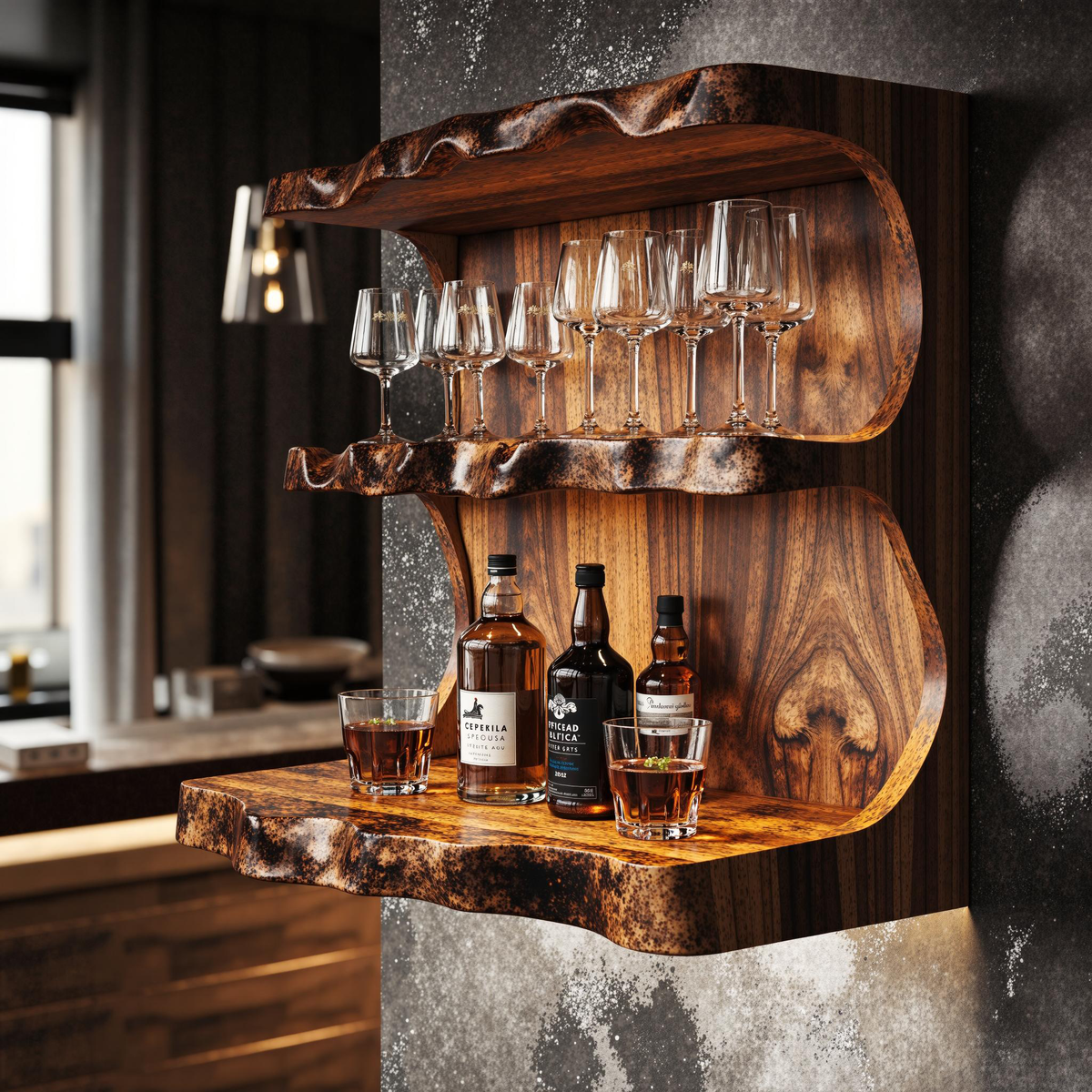 Sculpted Reclaimed Tamarind Wall Bar Shelf for Bottles, 47-65 in