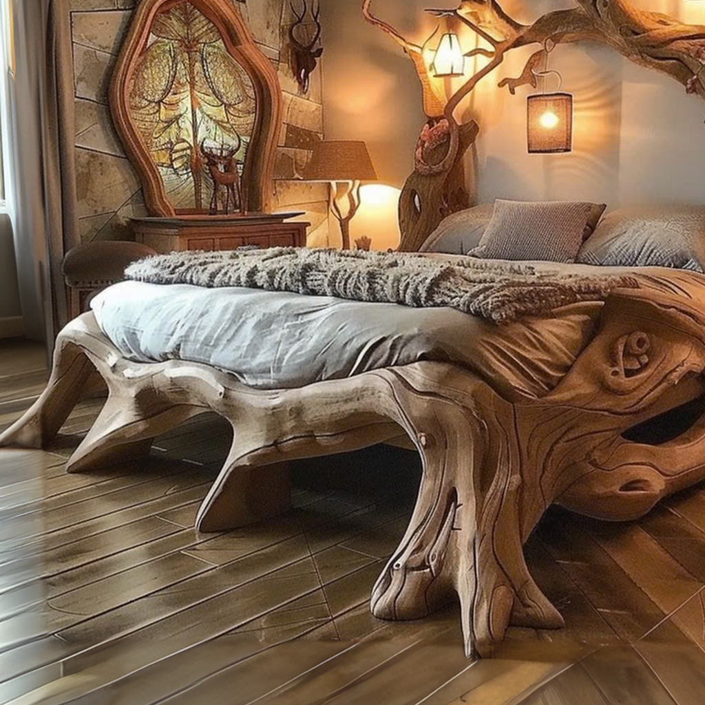Rustic Solid Wood Bed Frame with Curved Lines, Queen or King
