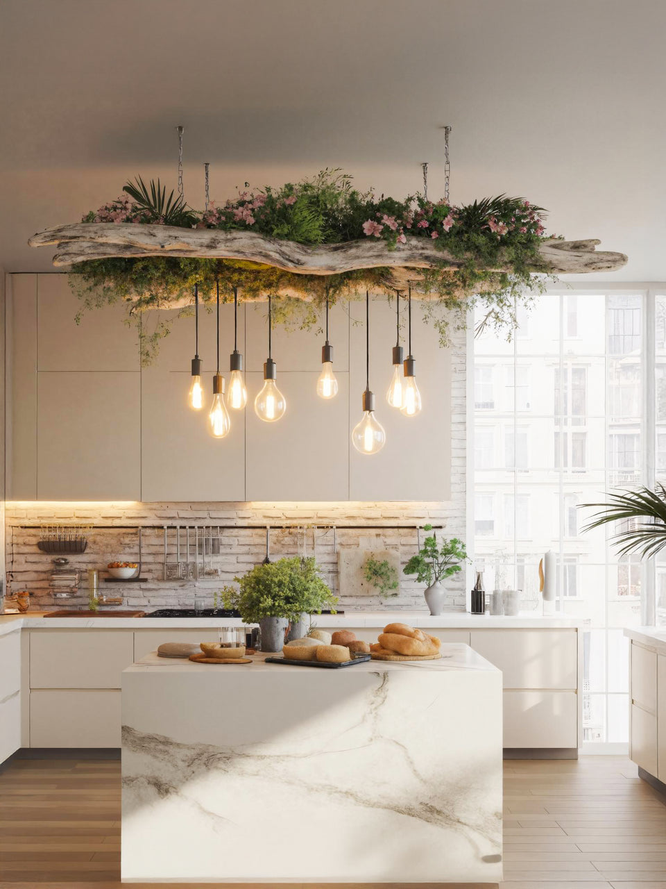 Rustic Driftwood Ceiling Light With Hanging Bulbs For Dining Room