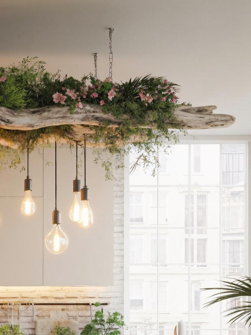 Rustic Driftwood Ceiling Light With Hanging Bulbs For Dining Room