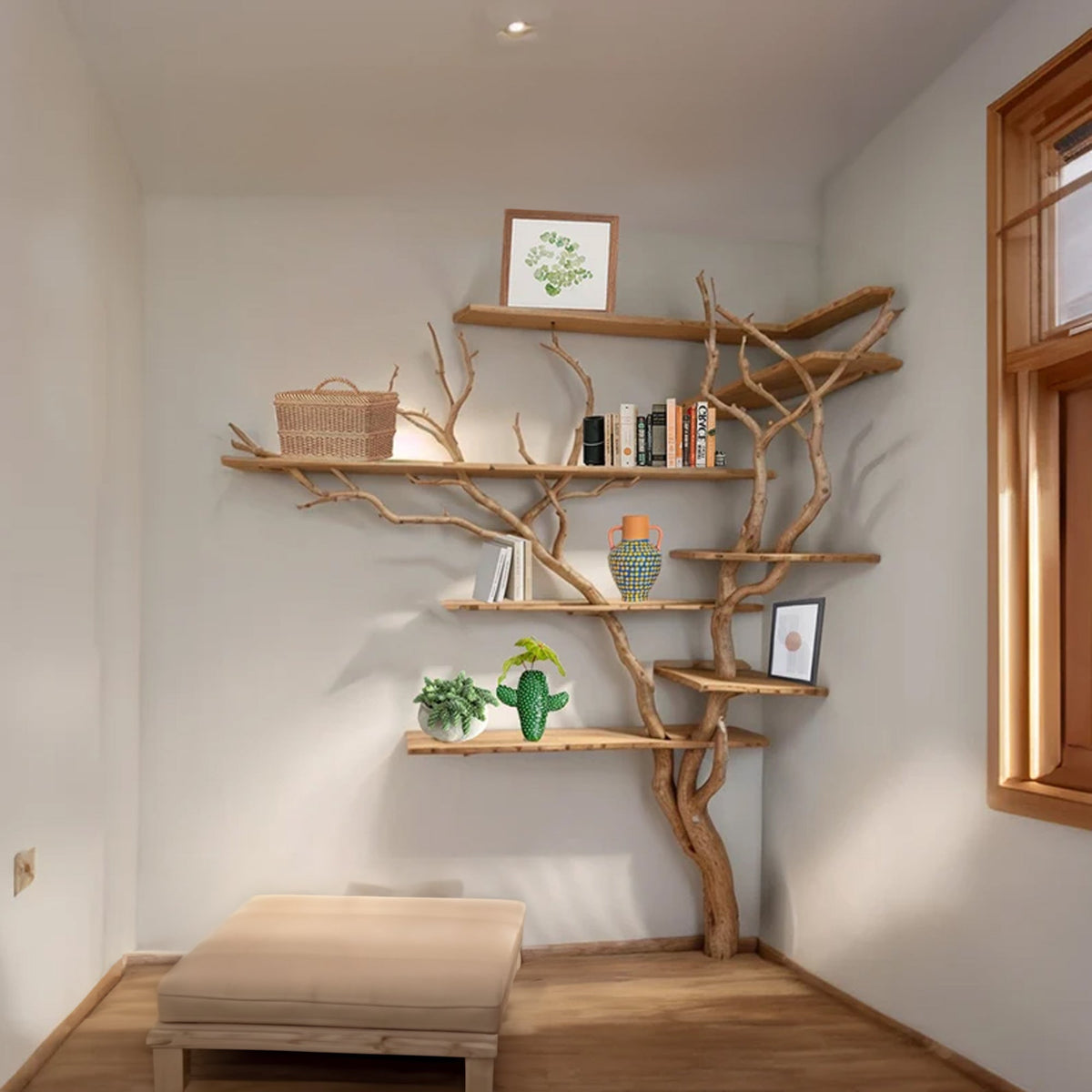 Tall Driftwood Branch Wall Bookcase, Live Edge Shelves, 80 x 50 in