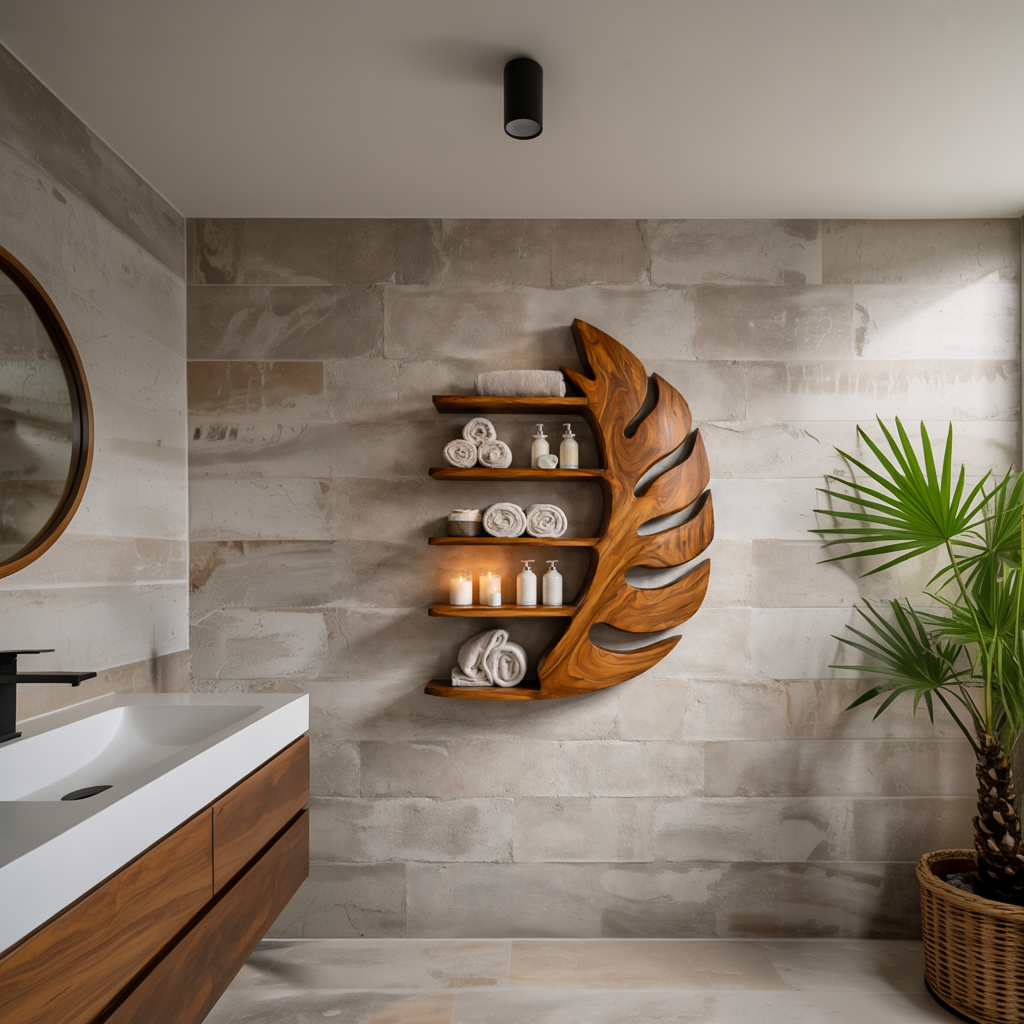Artistic Wood Leaf Bathroom Shelf For Bathroom