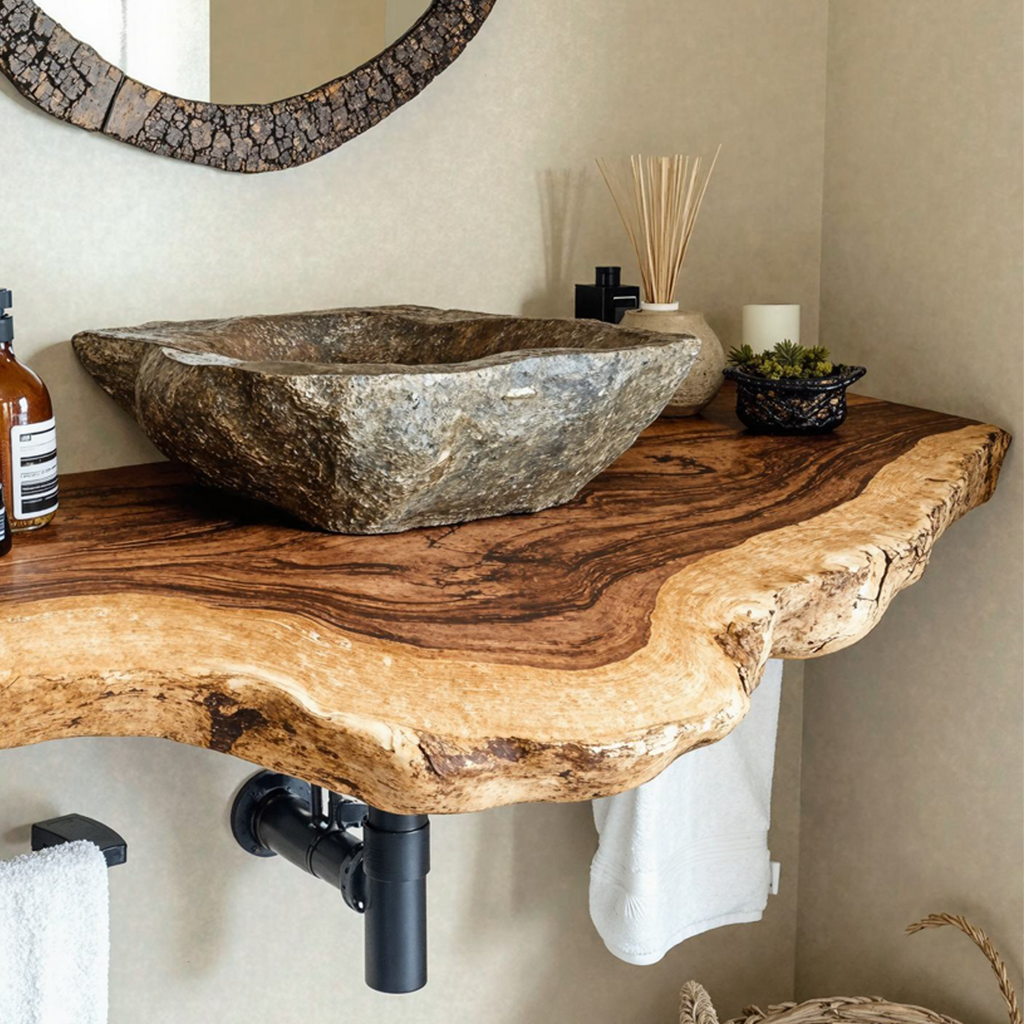 Floating Bathroom Vanity Shelf, Thick Live Edge Wood Sink Countertop