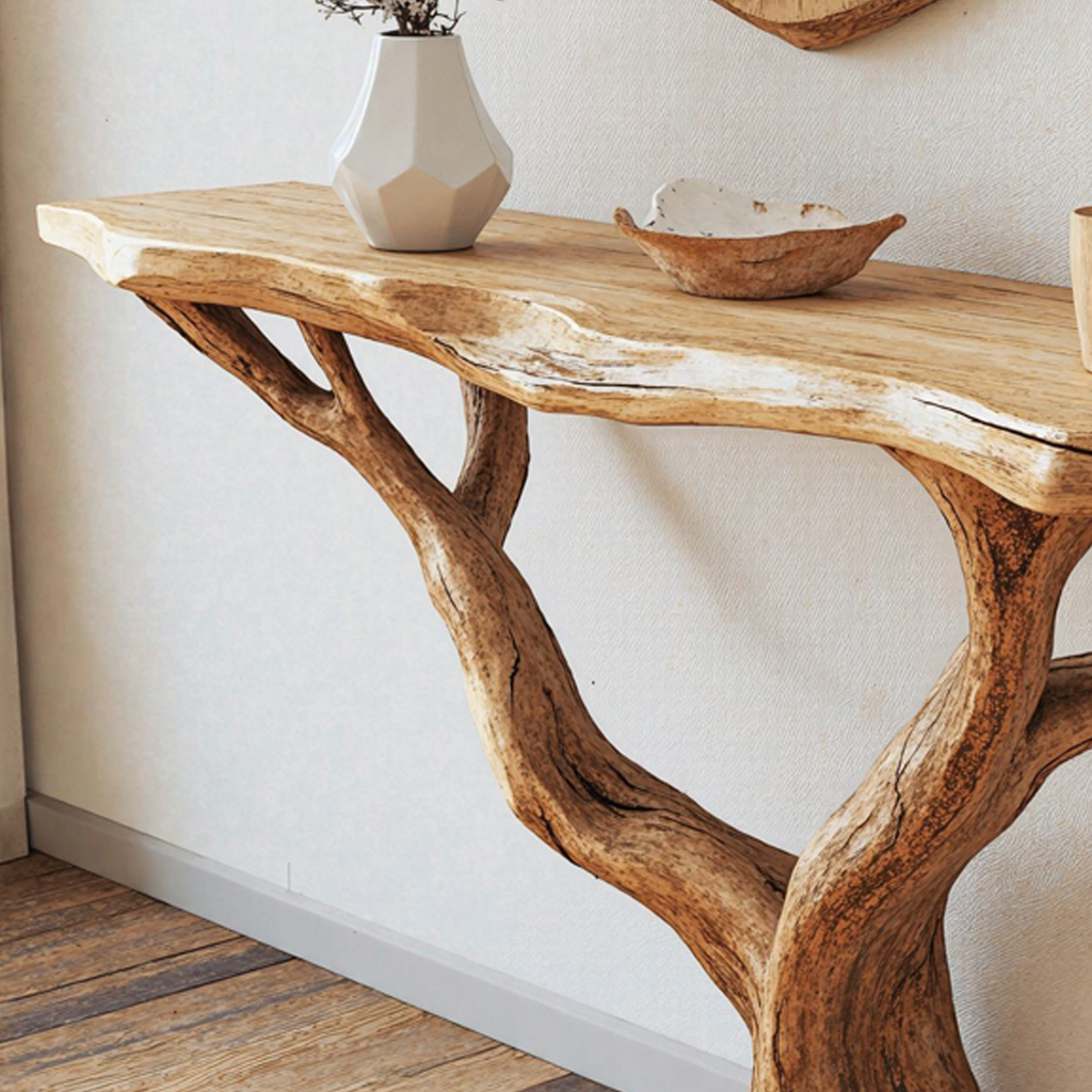 Organic Shape Wood Foyer Console Table, 40 To 71 Inch Wide