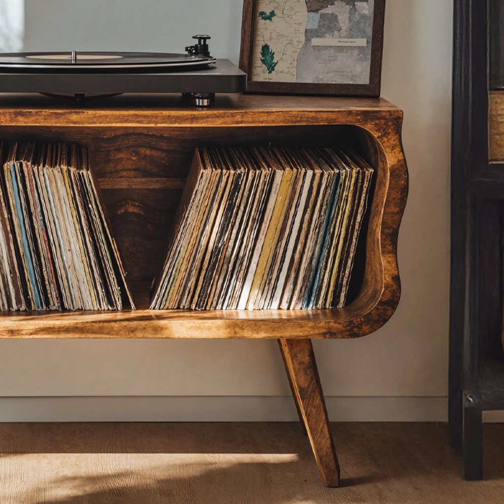 Rustic Brown Wood Turntable Console with Vinyl Space, 32-47 in