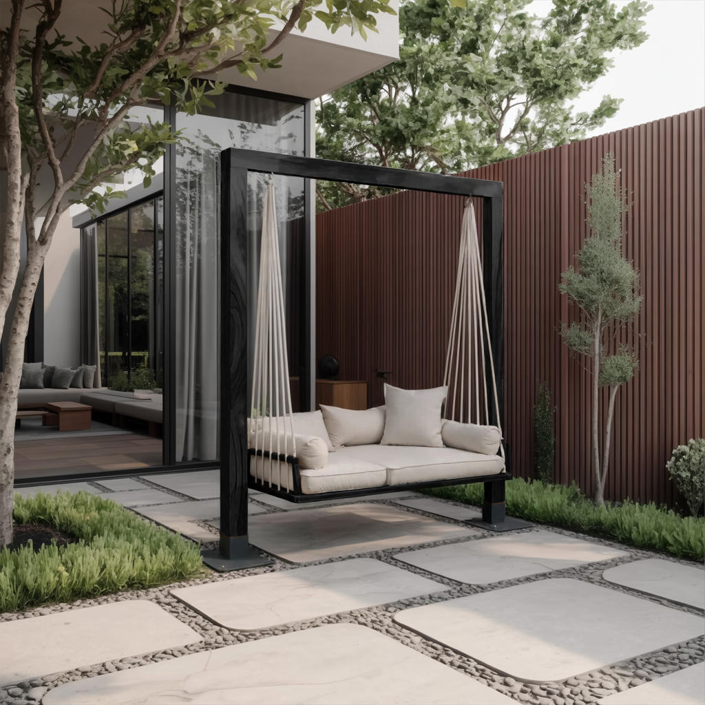 Freestanding Wood Frame Patio Swing Bed with Cotton Rope, 65-86 in