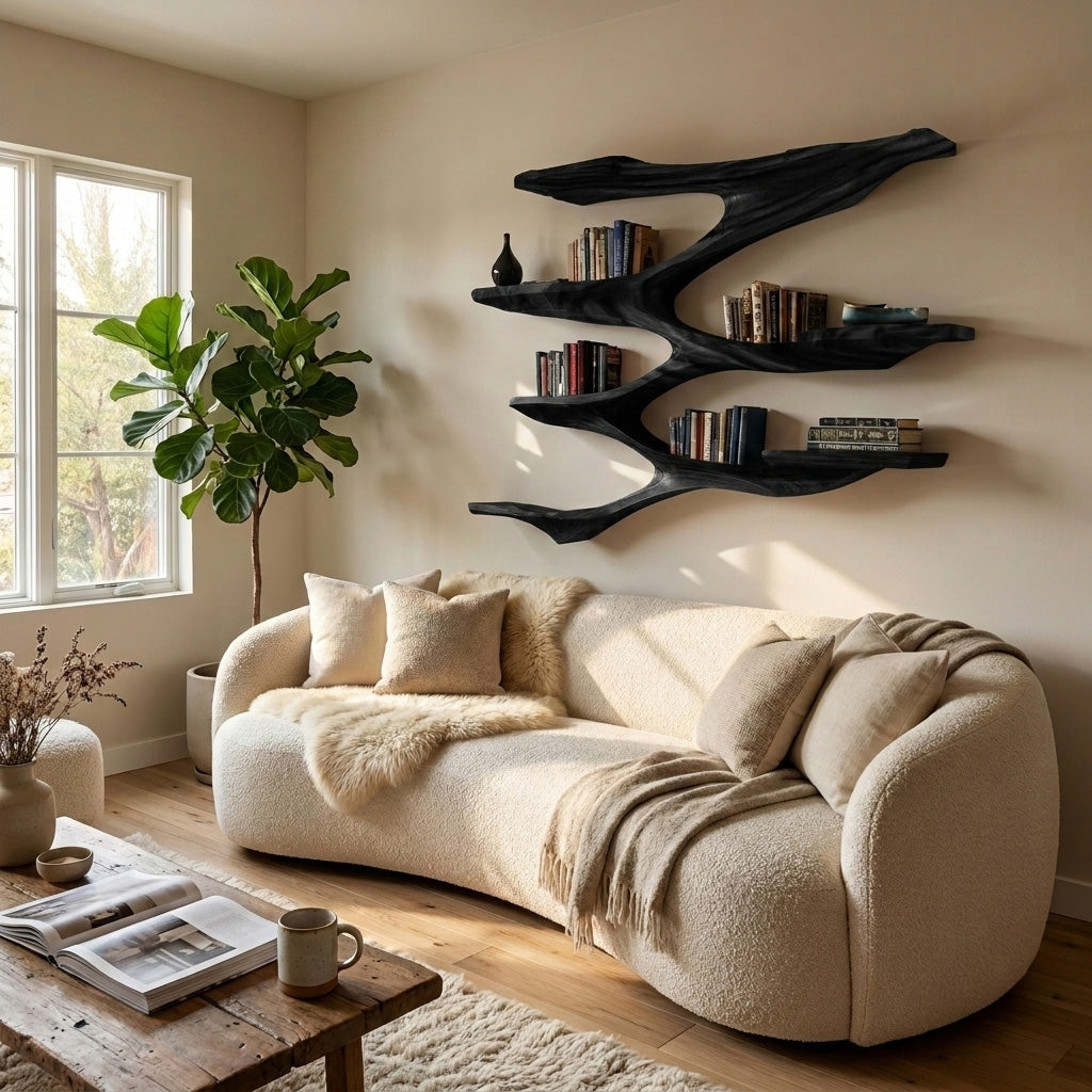 Fanned Tier Wood Wall Shelf with Central Spine, 47 to 71 in Tall