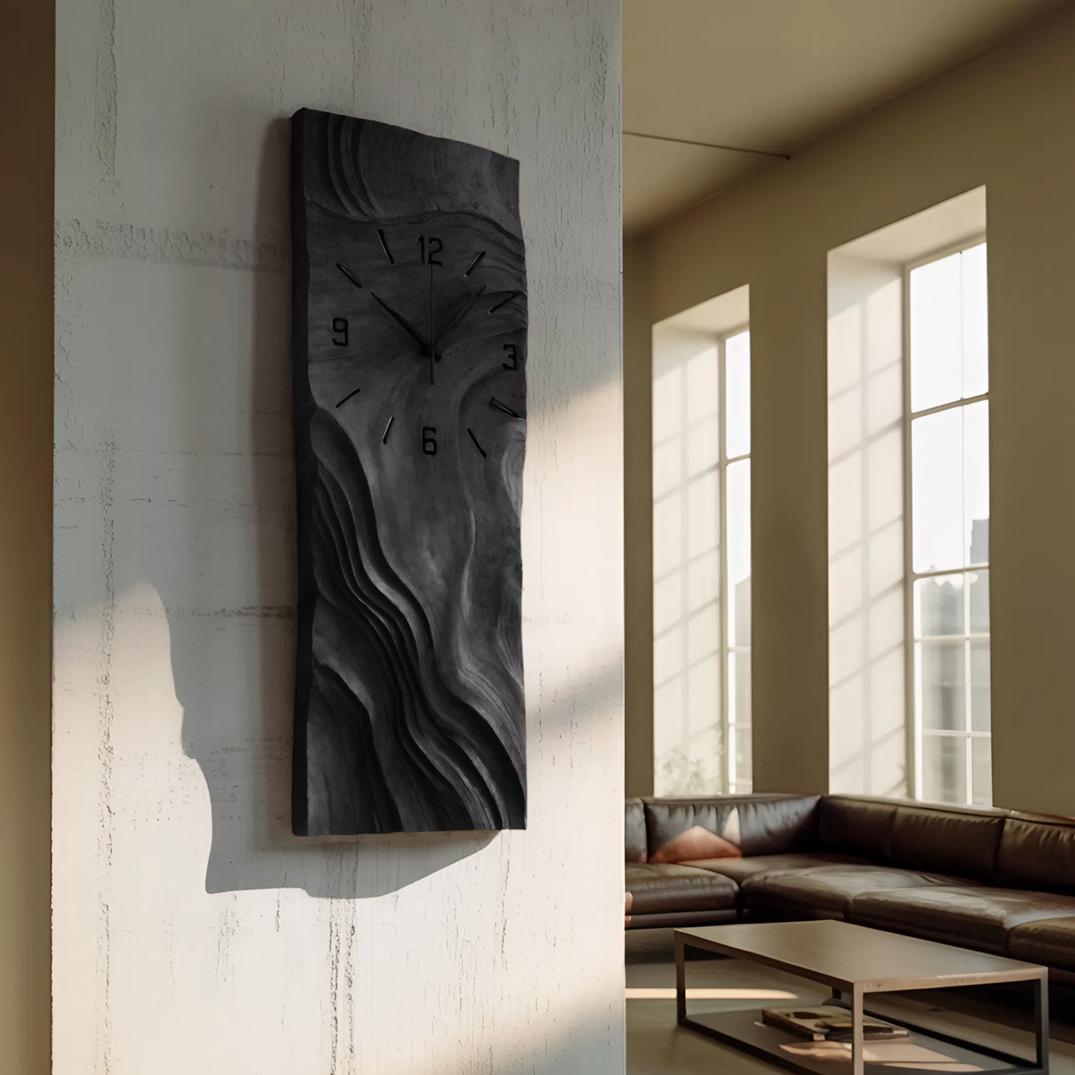 Organic Vertical Sculptural Wall Clock, Handcrafted Modern Wood Hanging Timepiece