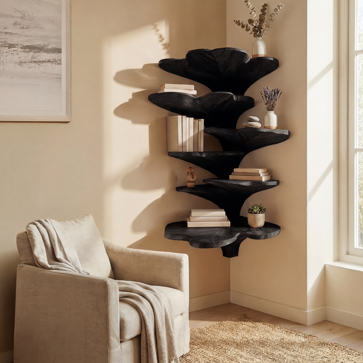Curved Leaf Corner Wall Shelf in Solid Wood for Boho Kids Rooms