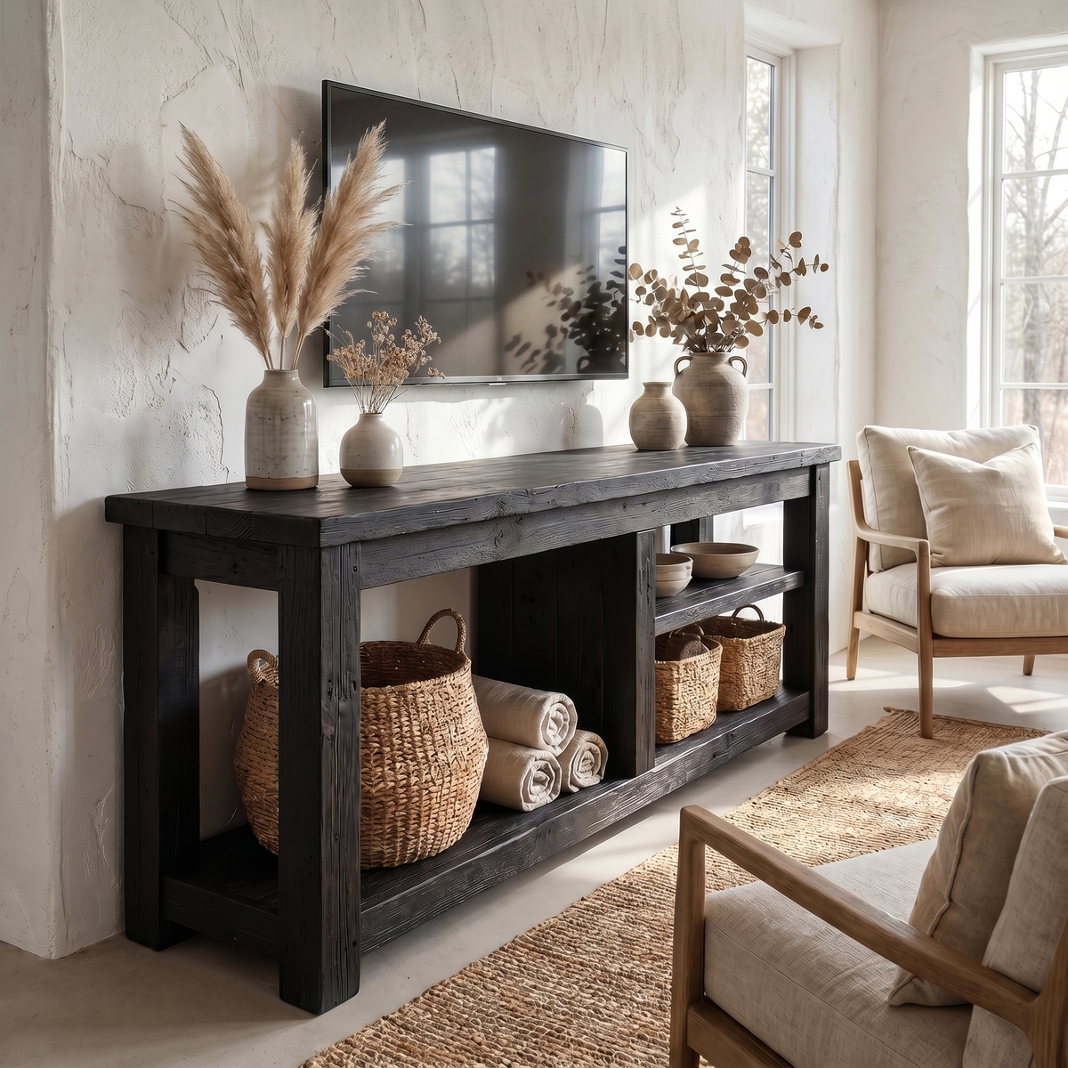 Live Edge Console Table, Rustic Solid Wood TV Table for Living Room