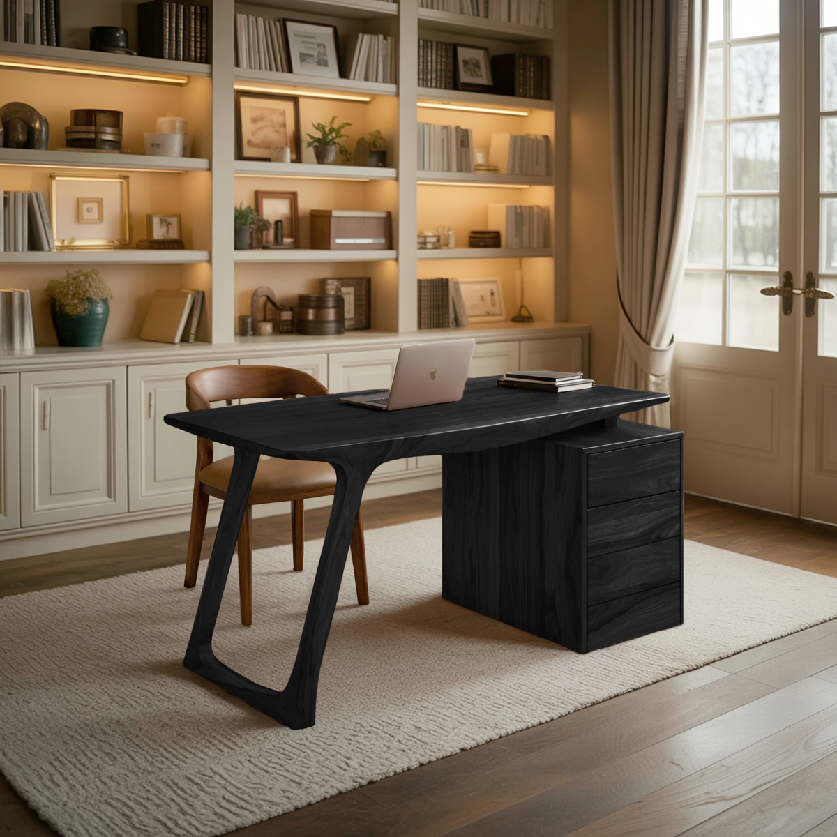 Live Edge Top Home Office Desk With Side Storage Cabinet, 59-79 In
