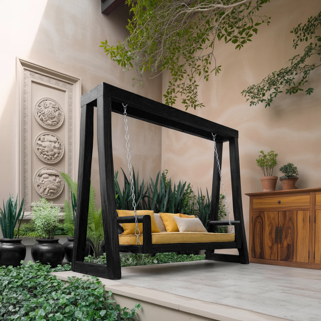 A-Frame Wood Porch Swing Bench for Garden or Deck, 65 to 86 in Tall