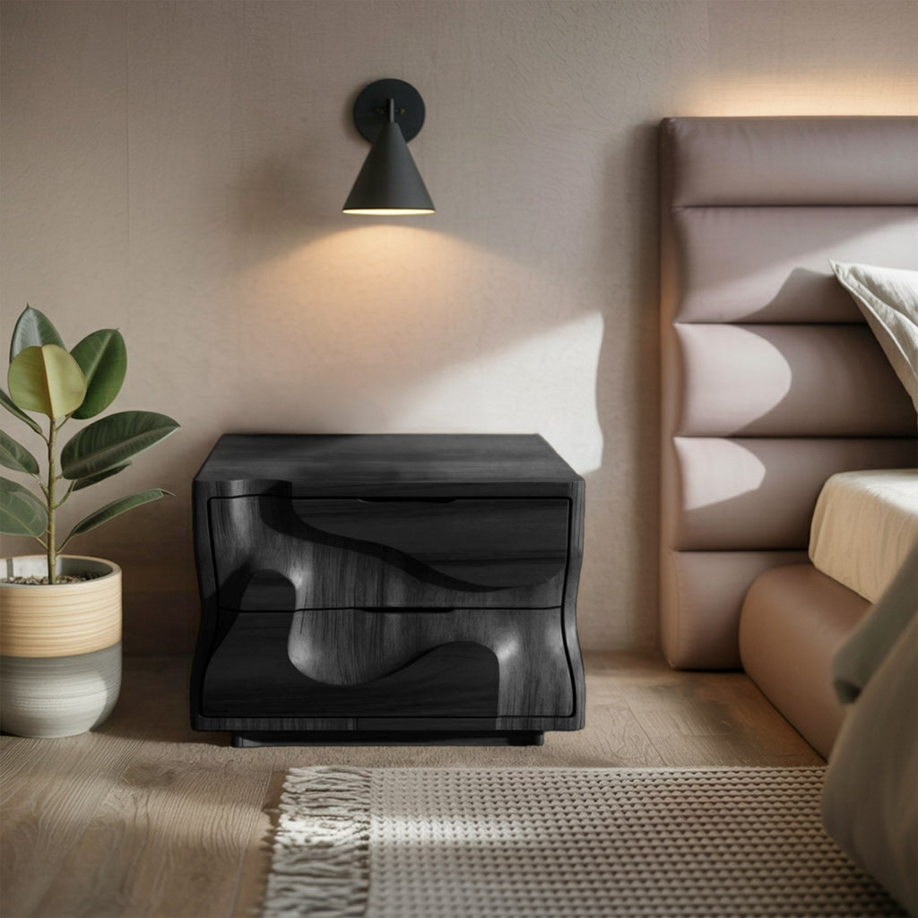 Modern Wavy Nightstand With Carved Drawer Cabinet For Bedroom And Living Room