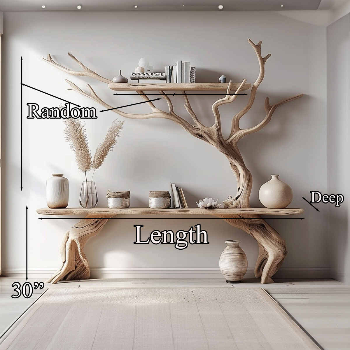 Driftwood Narrow Console Table with Tree Branch Bookshelf Base