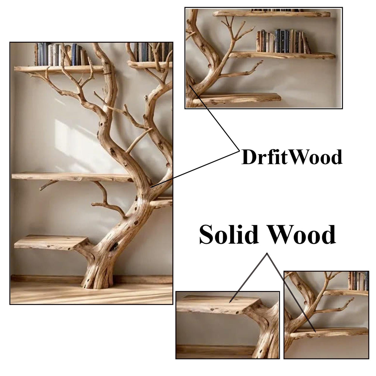 Tree Branch Wall-Mounted Floating Bookshelf in Solid Wood