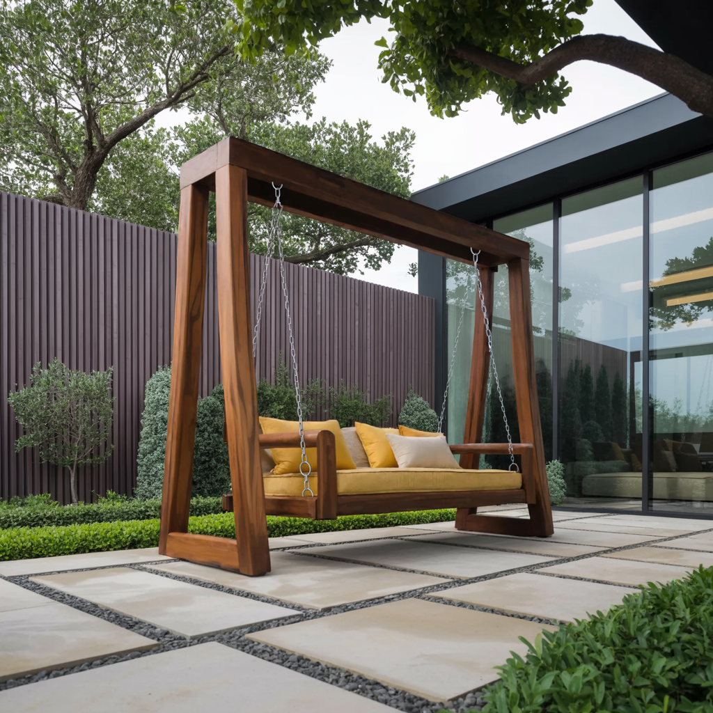 A-Frame Wood Porch Swing Bench for Garden or Deck, 65 to 86 in Tall