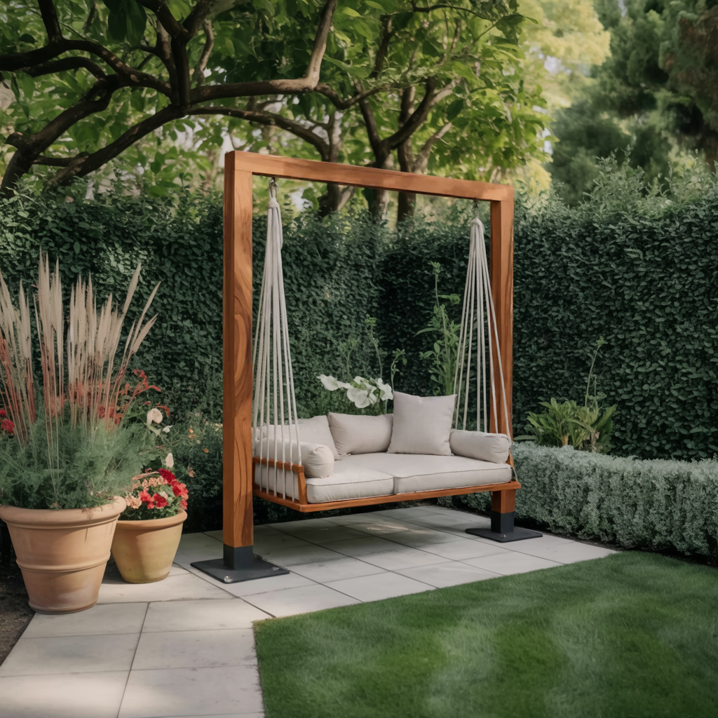 Freestanding Wood Frame Patio Swing Bed with Cotton Rope, 65-86 in