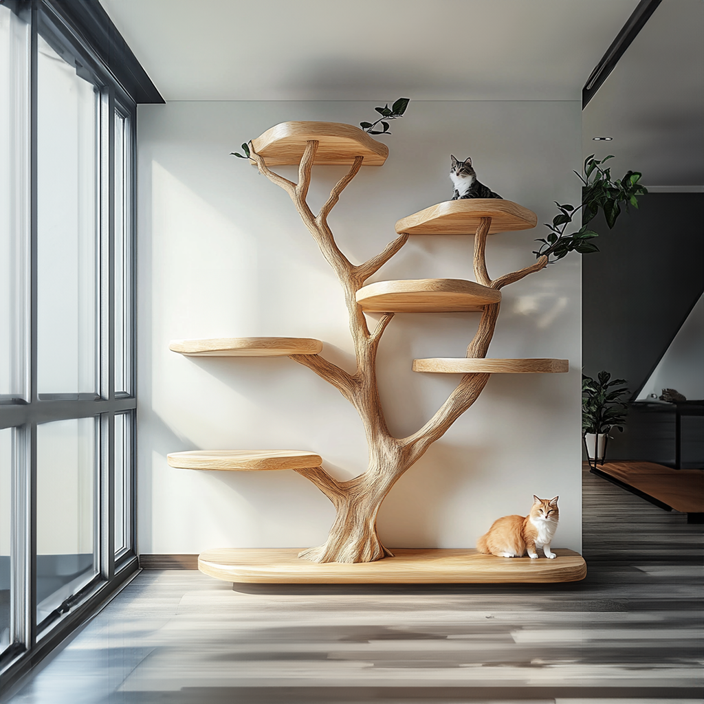 Rustic Natural Wood Cat Tree with Branch Platforms