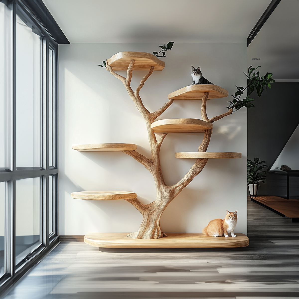 Rustic Natural Wood Cat Tree with Branch Platforms