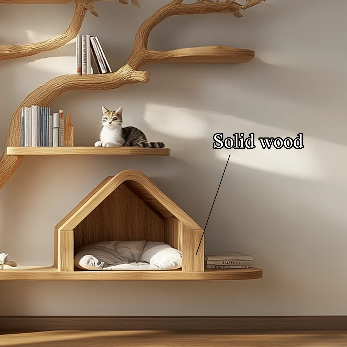 Large Wood Cat Tree, 80 Inch Natural Branch Climbing Tower