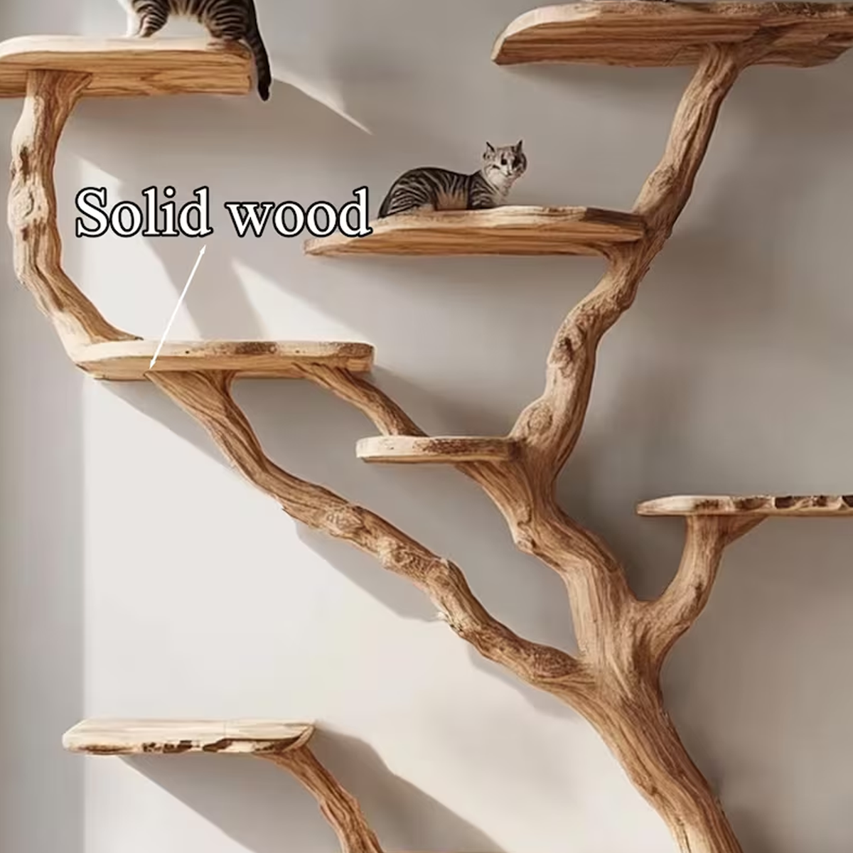 Natural Wood Cat Tree, Tall Handmade Cat Tower With Branch Perches