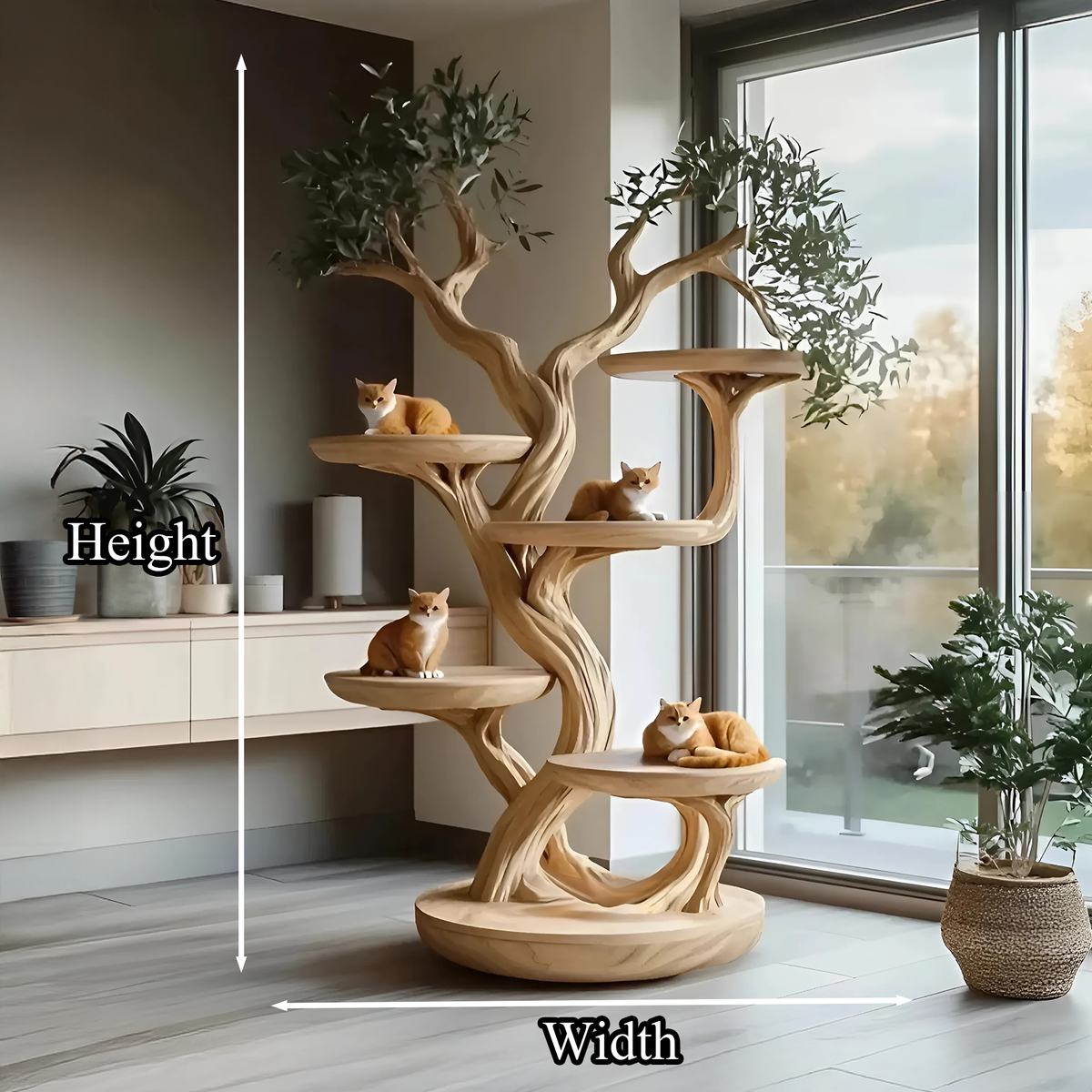 Natural Wood Climbing Cat Tree with Branch Perches, 59 to 80 Inch