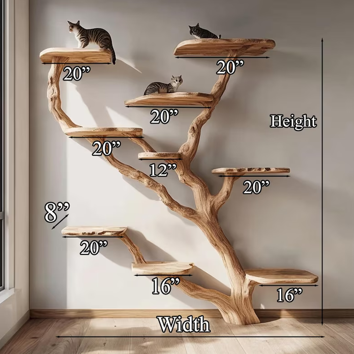 Natural Wood Cat Tree, Tall Handmade Cat Tower With Branch Perches
