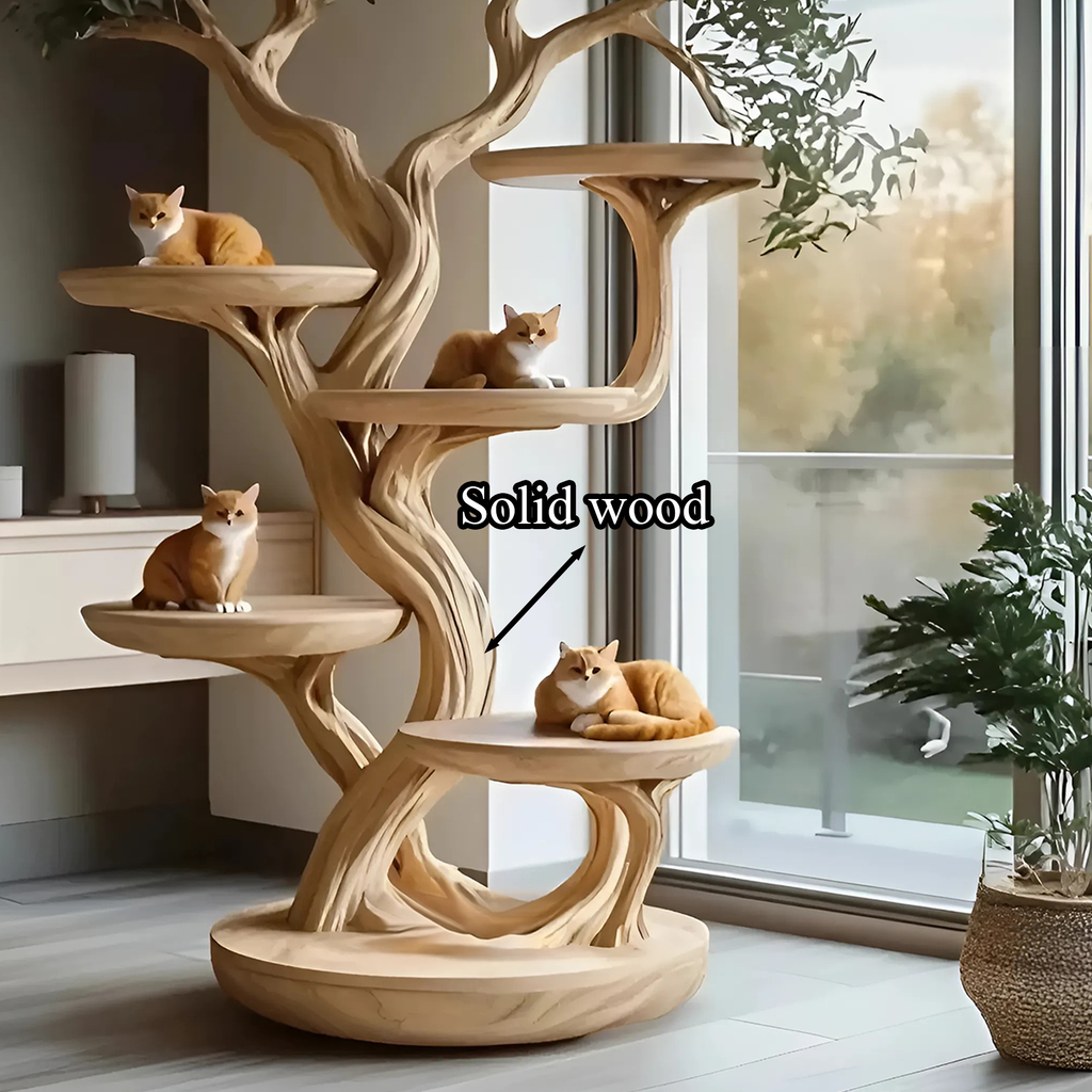 Natural Wood Climbing Cat Tree with Branch Perches, 59 to 80 Inch