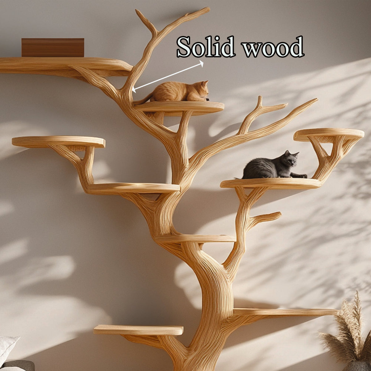 Solid Wood Cat Tree, Rustic Branch Tower for Living Room Corners