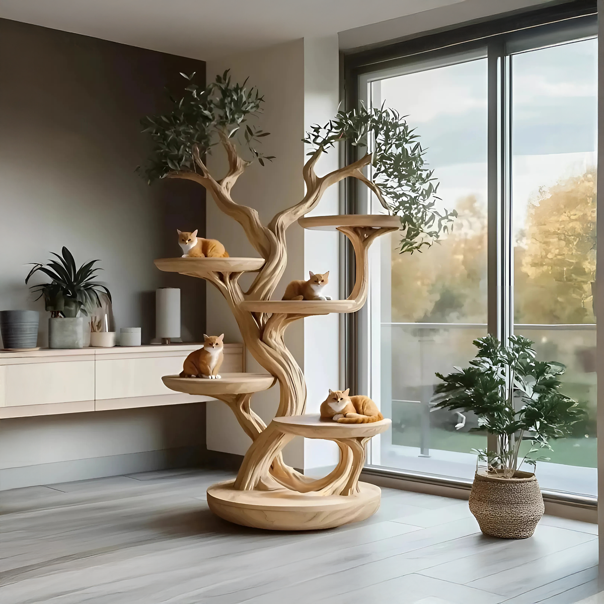 Natural Wood Climbing Cat Tree with Branch Perches, 59 to 80 Inch