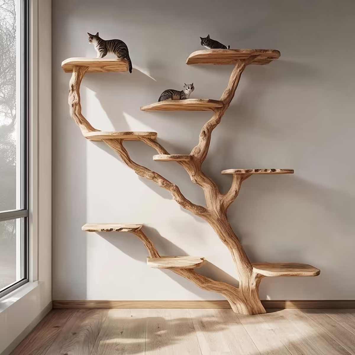 Natural Wood Cat Tree, Tall Handmade Cat Tower With Branch Perches