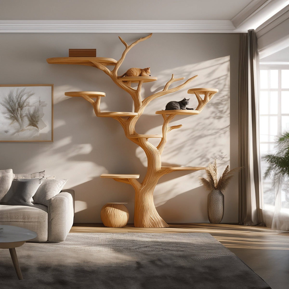 Solid Wood Cat Tree, Rustic Branch Tower for Living Room Corners