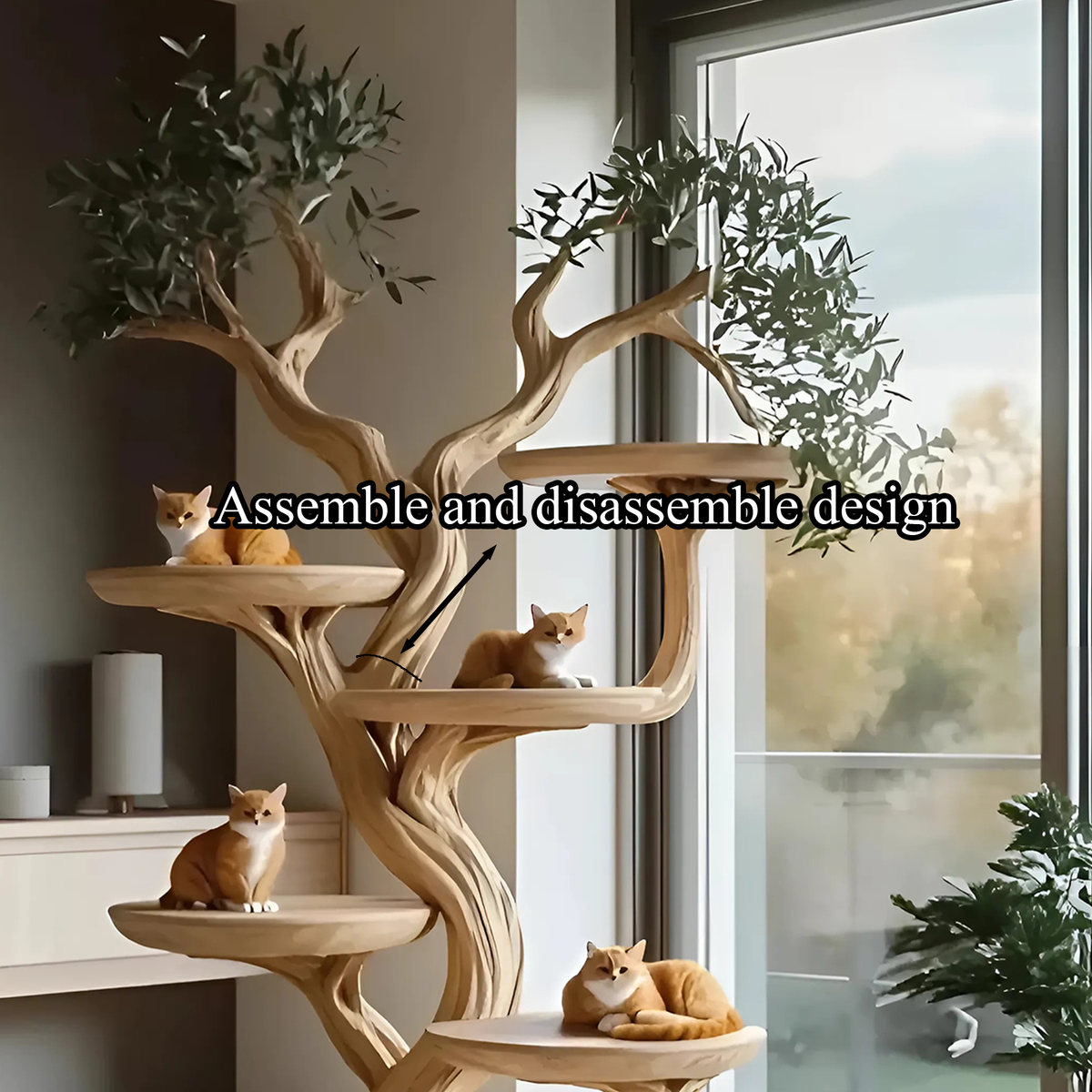 Rustic Solid Wood Cat Tree with Natural Branch Design