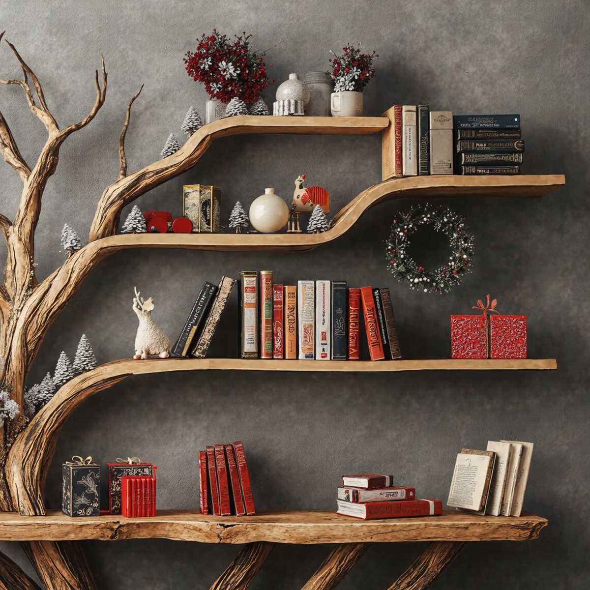 Narrow Floating Live Edge Console Table with Tree Branch Bookshelf