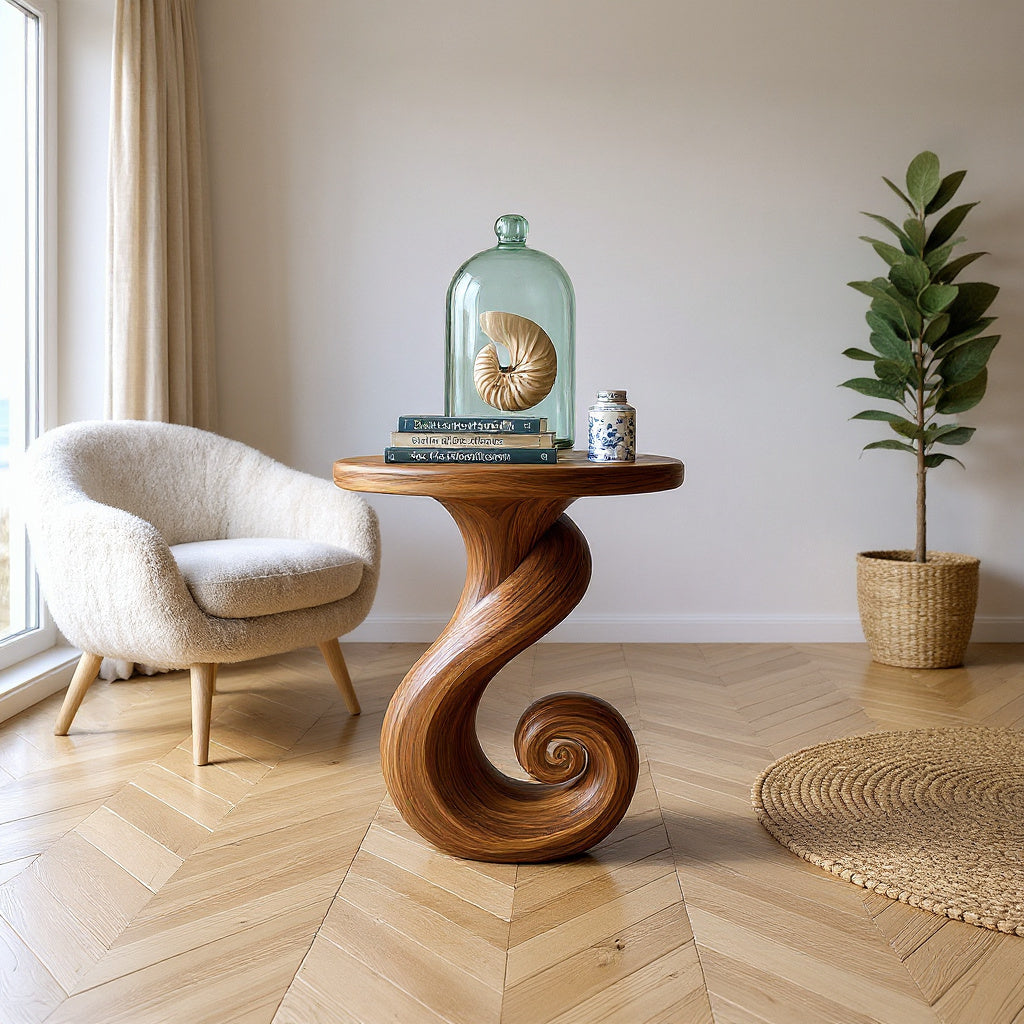 Spiral Base Wood Accent Table For Beach Cottages, 16 to 24 Inch