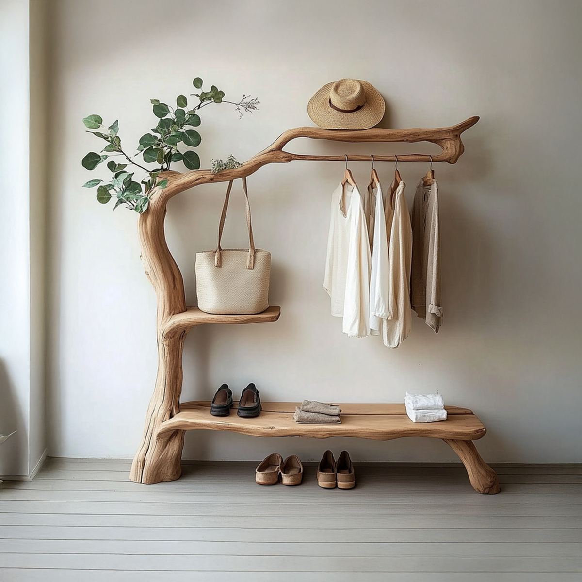 Tree Shaped Freestanding Wood Garment And Shoe Rack, 60 Inch