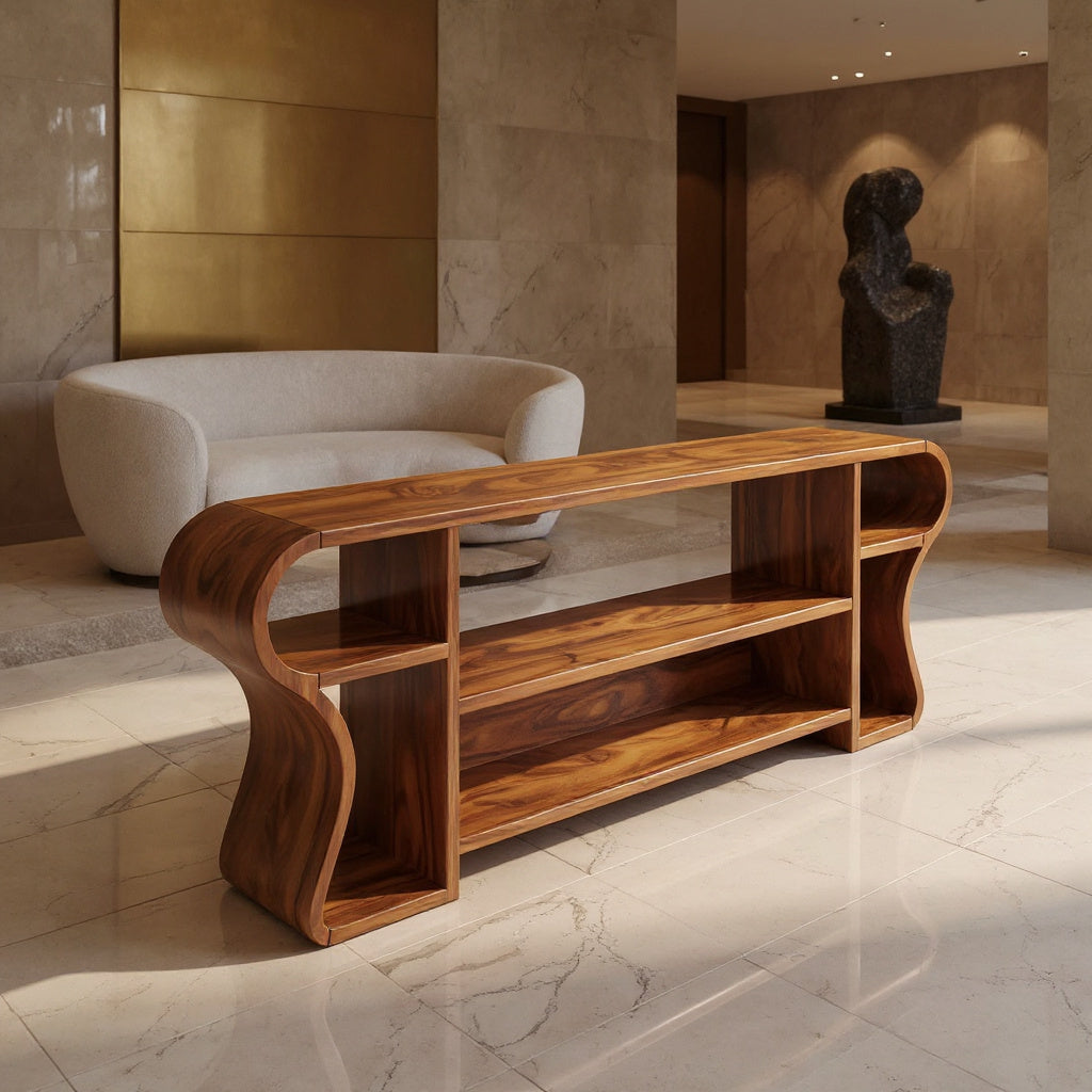 Display Console Table With Generous Top And Spaced Shelving