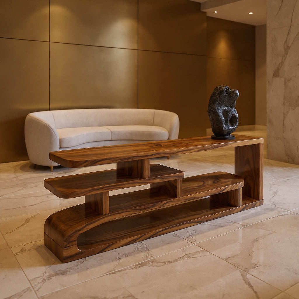 Long Shallow Layered Shelf Console For Narrow Hallways