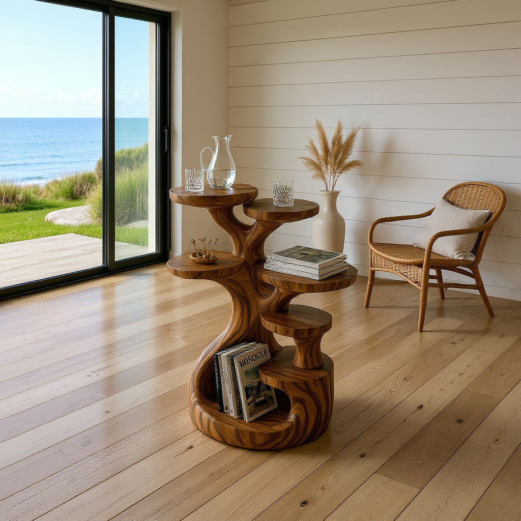 Multi-Tier Wood Side Table With Clean Lines, 16 to 24 Inch