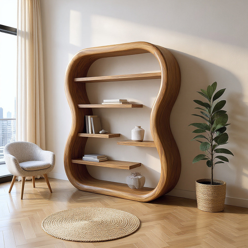 Curved Frame Organic Wood Bookshelf With Botanical Details