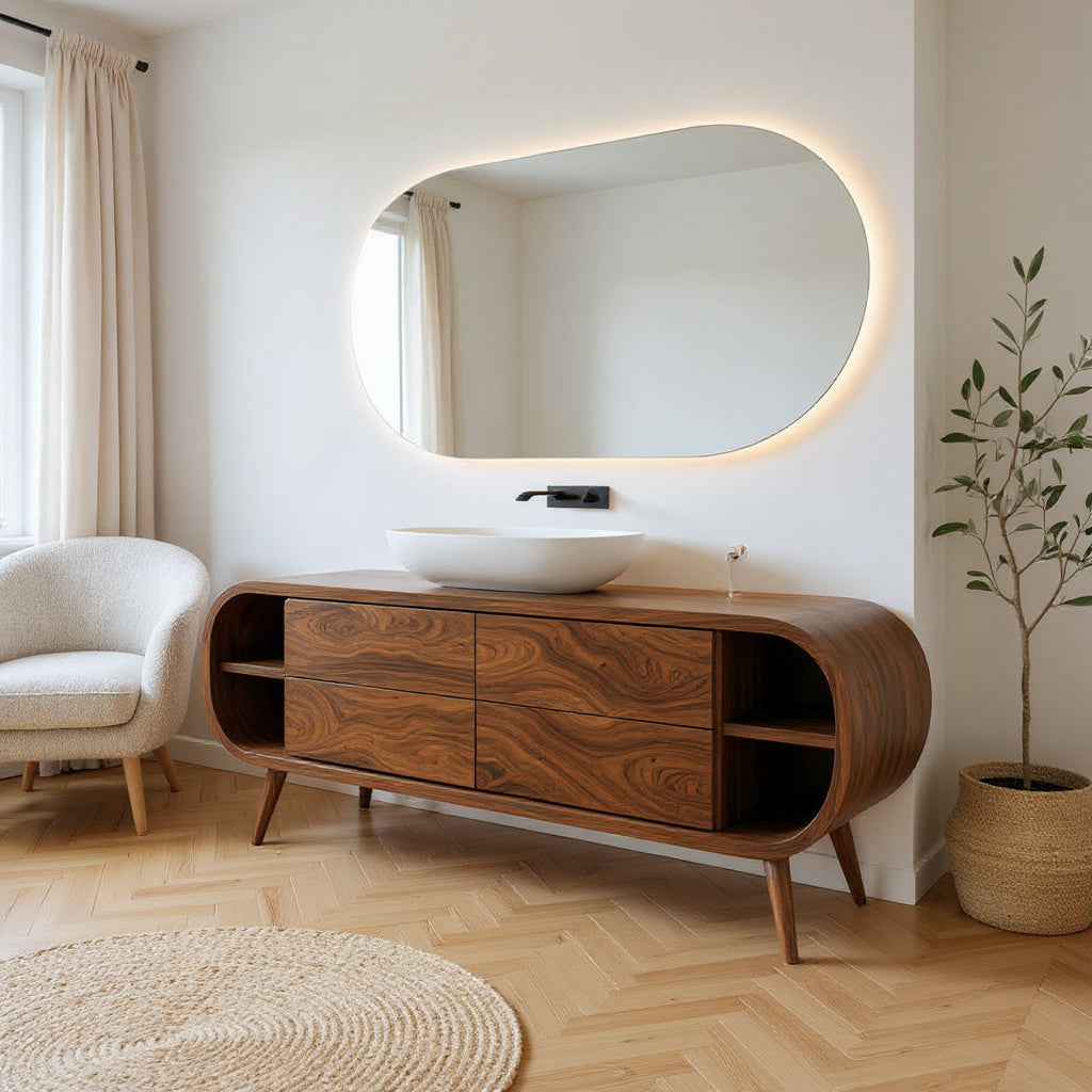 Wall Mounted Curved Wood Bathroom Vanity With Carved Side Panels