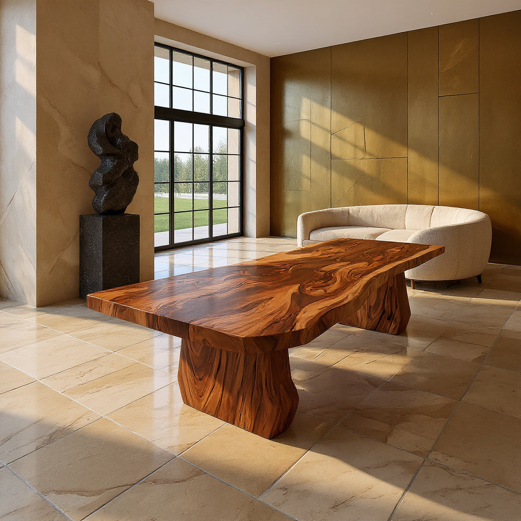 Curved Block Pedestal Solid Wood Dining Table, 63 To 98 Inch