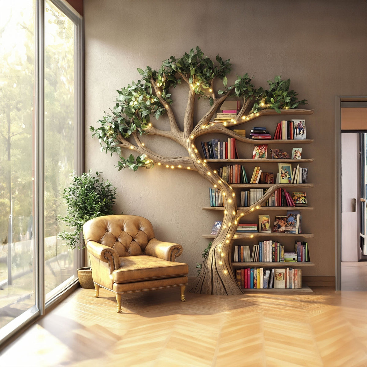 Brown Branch Wall Bookshelf with Floating Shelves, 70 x 60 Inch