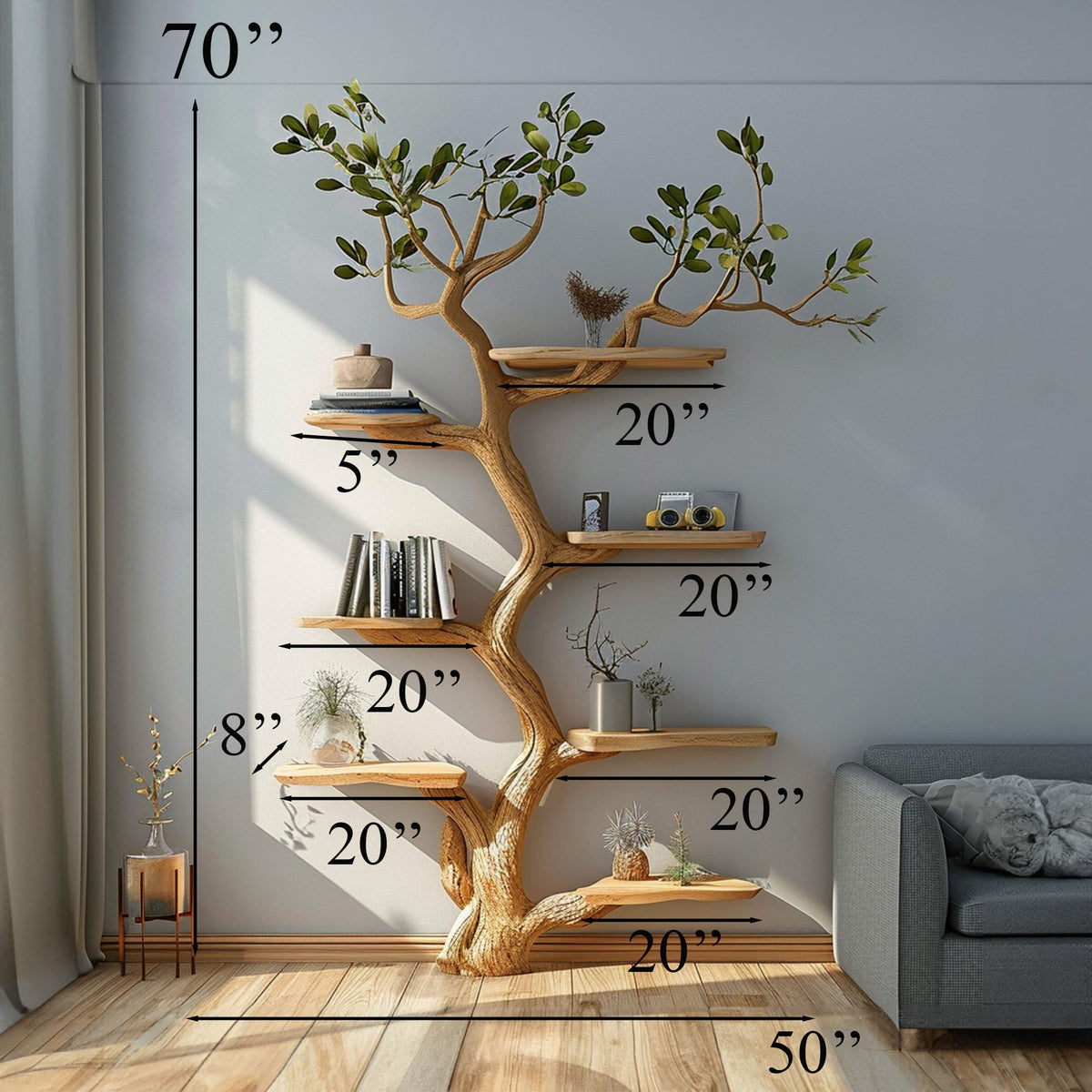 Mulberry Branch Wall Mounted Tree Bookshelf, 70 x 50 Inch