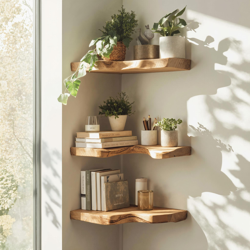 Live Edge Corner Shelf, Farmhouse Floating Wood Shelf for Bedroom